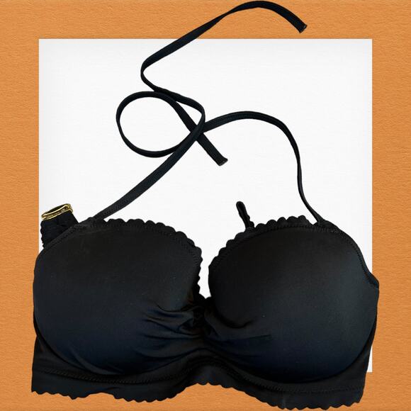 EUC Victoria's Secret Scalloped Edge Halter Neck Bikini Top Black Women's Sz 34D - Picture 2 of 4